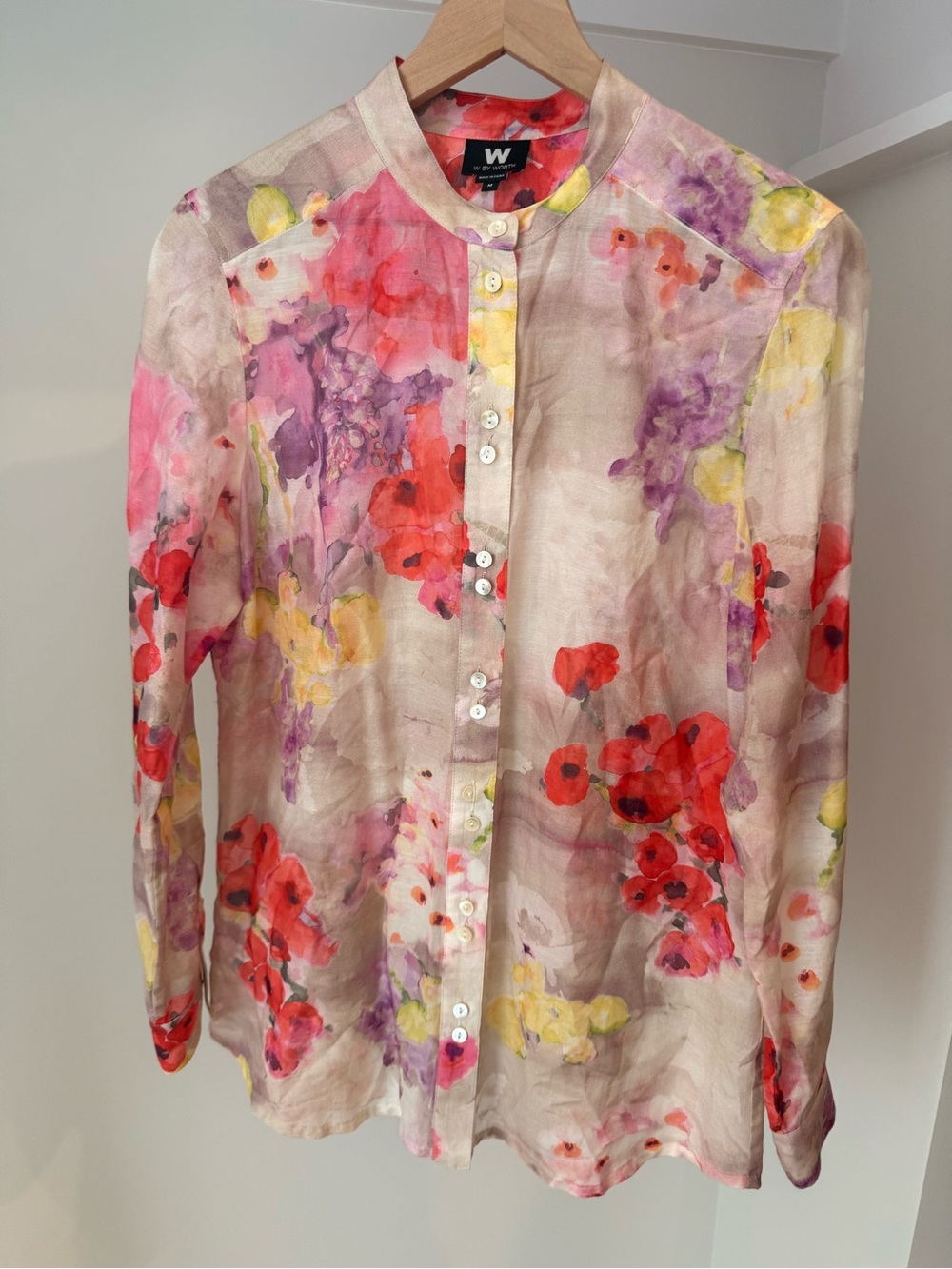 W by Worth  Floral Button-Up Blouse with Yellow pink purple cotton silk medium